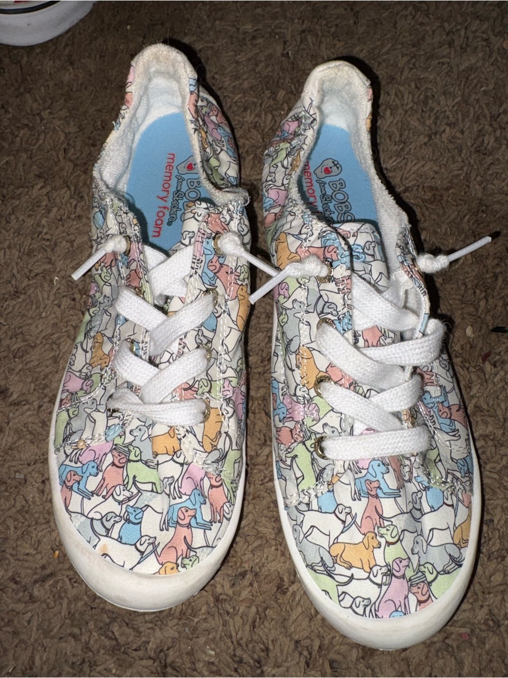 BOBS from Skechers  White Sneakers with Pastel Multi-Color Dog Print